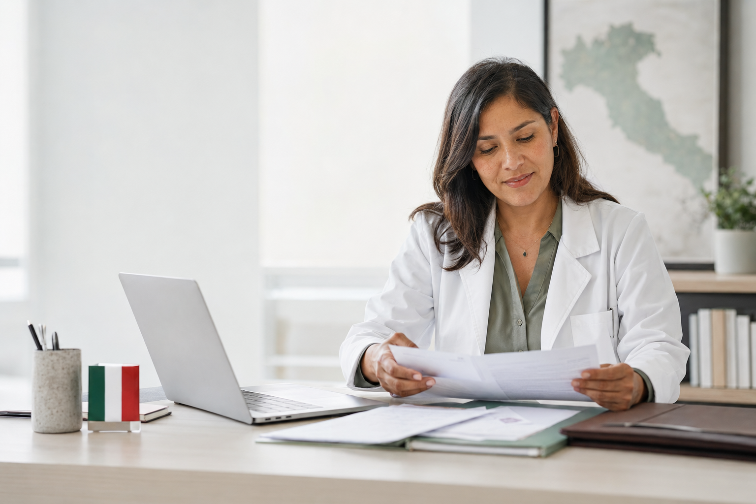 Profesional médica preparando su proyecto laboral en Italia